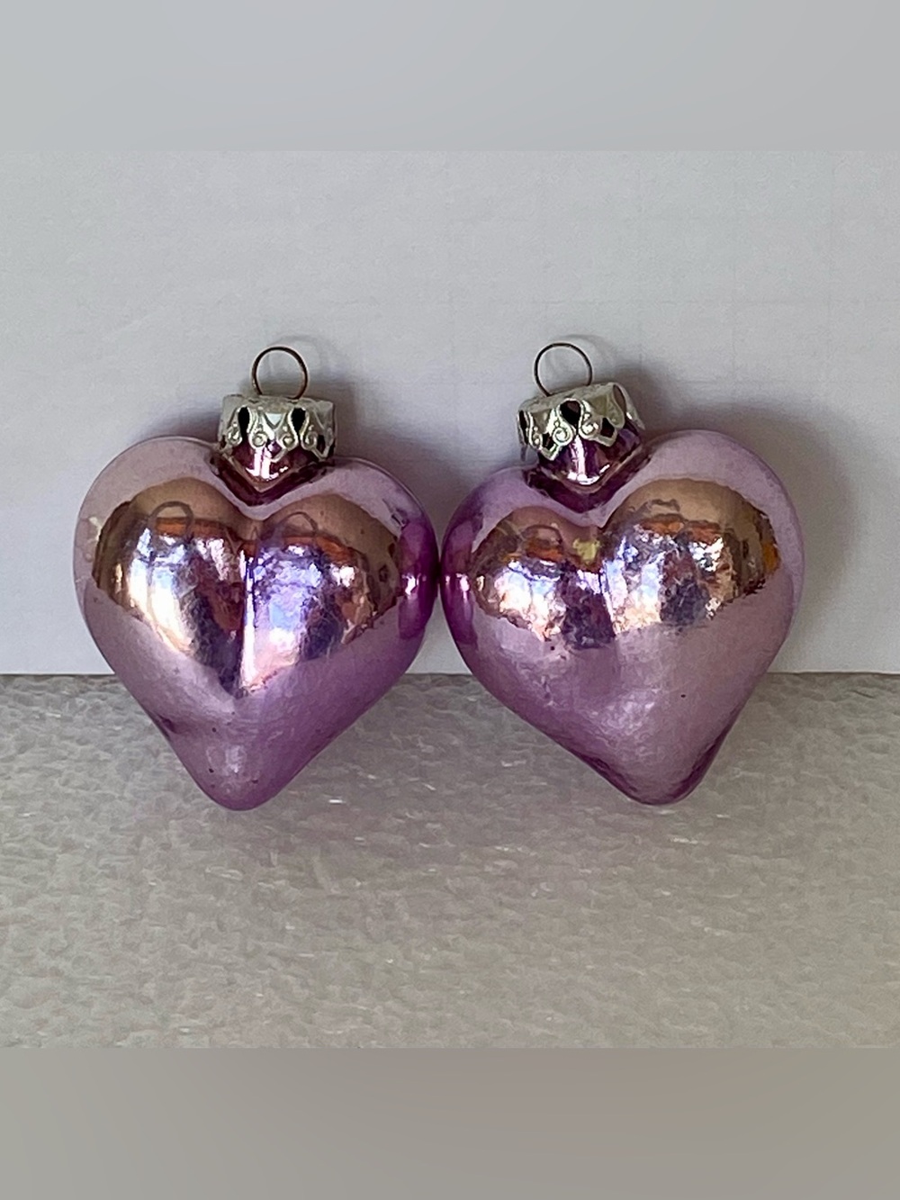 Vintage West Germany Mercury Glass Set of 2 Purple Hearts Christmas Ornaments